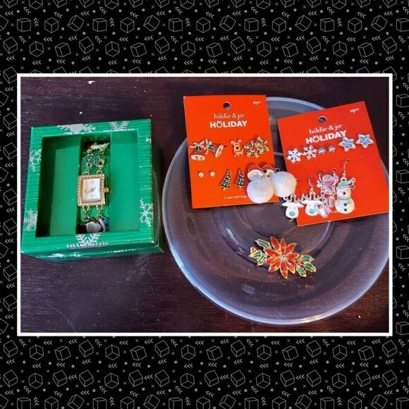 Christmas jewelry earrings, brooch, watch NWT - Picture 1 of 11